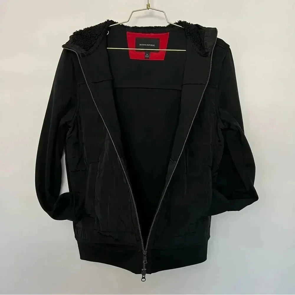 Banana Republic Black Jacket With Sherpa Hooded Scuba Arms Size Medium